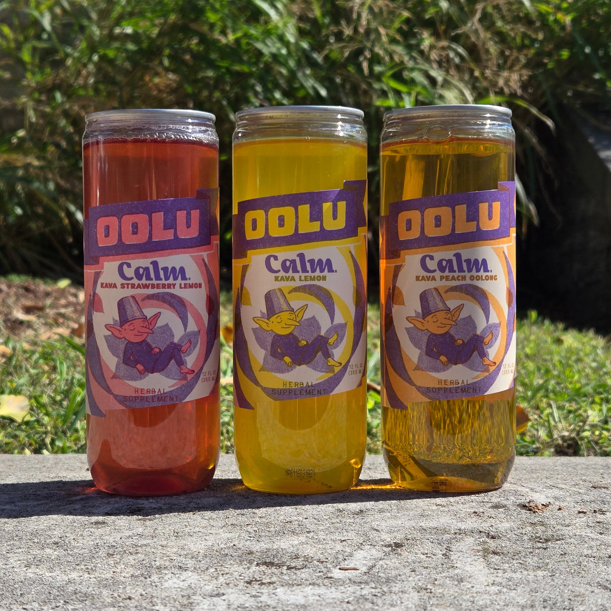 Oolu Calm Variety 12-Pack: Lemon, Peach Tea, and Strawberry Lemon cans, real fruit juice with kava root, 12 oz