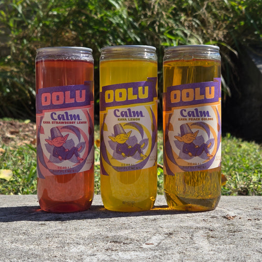 Oolu Calm Variety 12-Pack: Lemon, Peach Tea, and Strawberry Lemon cans, real fruit juice with kava root, 12 oz