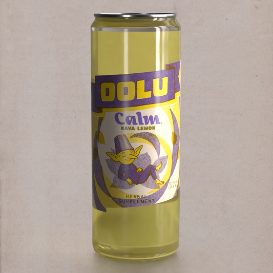 Oolu Calm Lemon can, real fruit juice with kava root, 12 oz