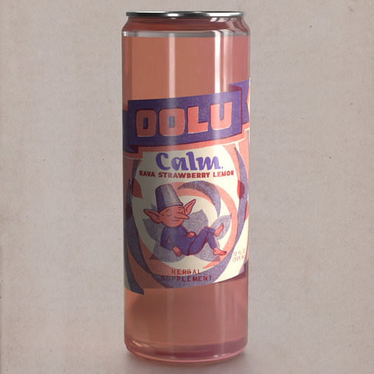 Oolu Calm Strawberry Lemon can, real fruit juice with kava root, 12 oz