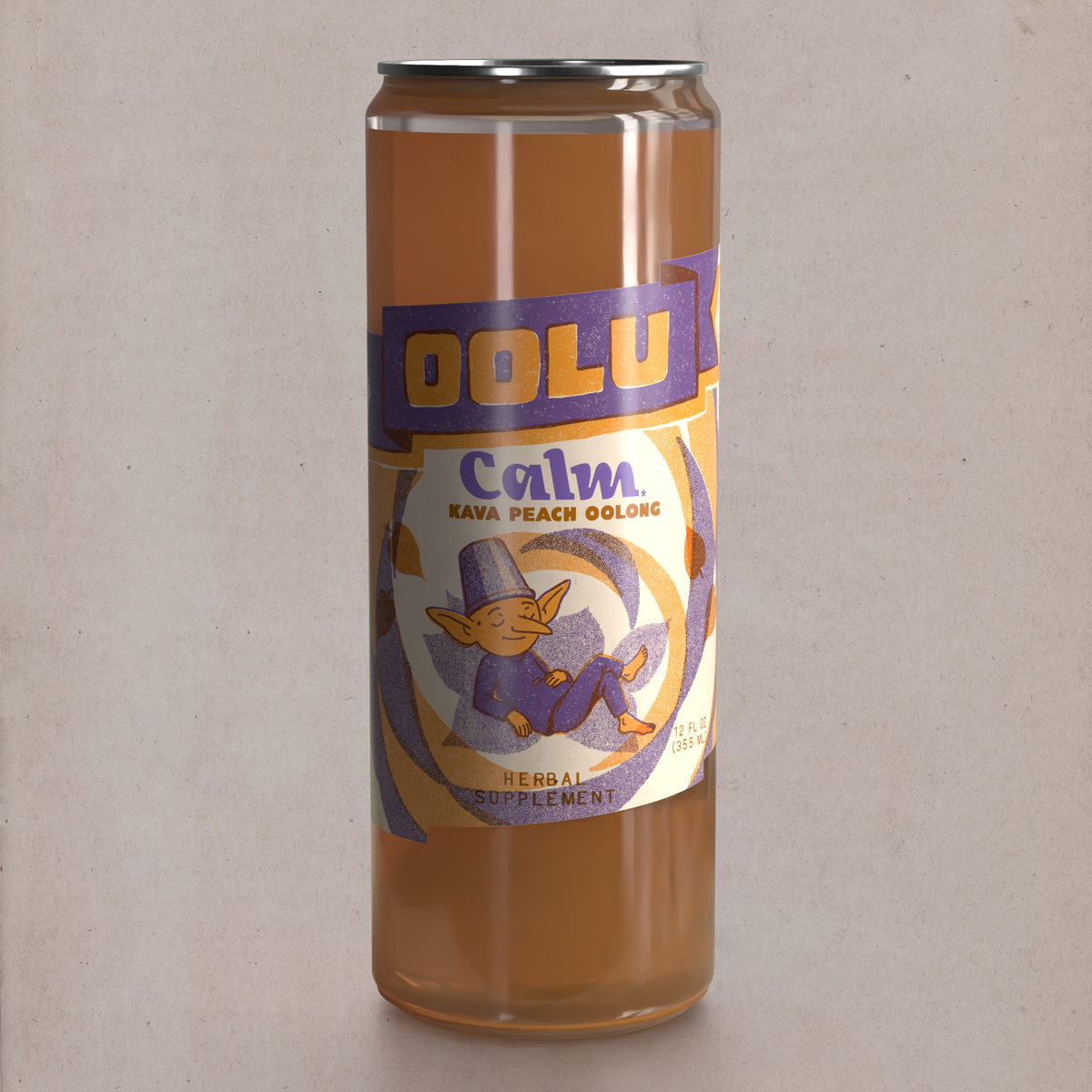 Oolu Calm Peach Tea can, real fruit juice and oolong tea with kava root, 12 oz