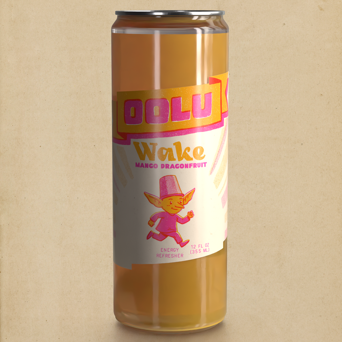 Oolu Wake Mango Dragonfruit can, real fruit juice with 120 mg of caffeine from green coffee, 12 oz